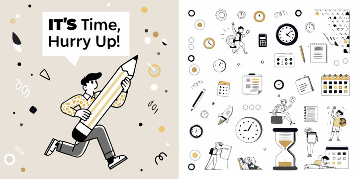 Time Management Vector Set Doodle Style Illustrations With Clock And Calendar