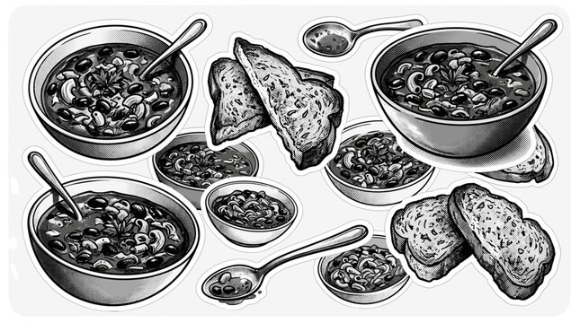 Assorted breakfast cereals and bread slices served in bowls on table