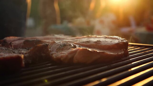 Close-up of searing steak on charcoal grill at golden hour