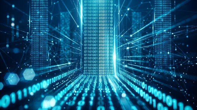 Futuristic digital tunnel with binary code and neon lights