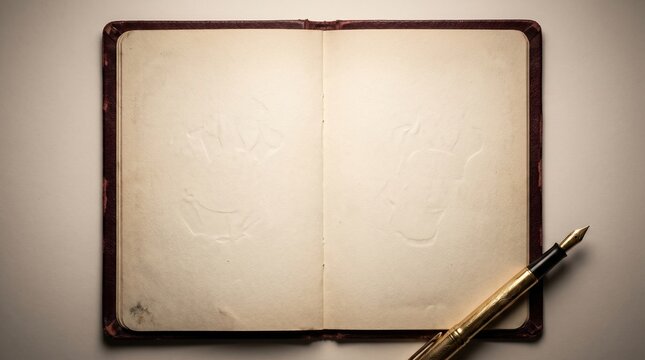 Open Vintage Journal With Blank Pages And Gold Fountain Pen