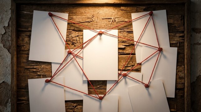 Blank Photos Pinned To Wooden Board Connected By Red String