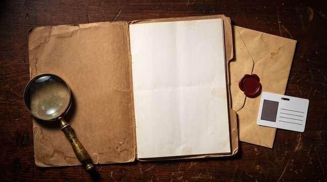 Open Vintage Folder With Blank Paper And Detective Tools