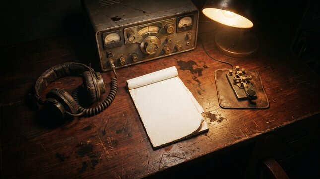 Antique Radio Transceiver With Telegraph Key And Headphones