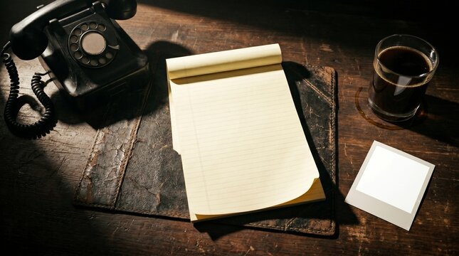 Vintage Detective Desk With Rotary Phone And Blank Notepad
