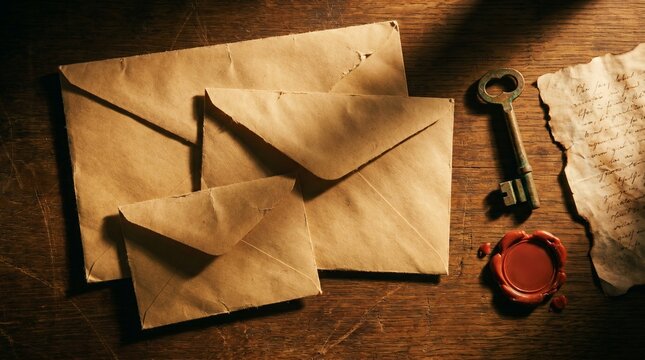 Vintage Brown Envelopes With Antique Key And Red Wax Seal