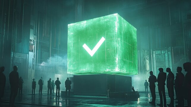 Glowing verification cube dominates a futuristic hall, watched by silent figures in suspense, expressing digital trust, cyber security, and decisive approval at scale