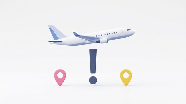 Airplane Flying Over Location Pins and Exclamation Mark, Travel Concept