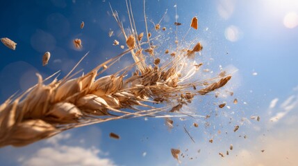 Obraz premium Ripe wheat ear shattering, releasing golden grains into bright blue sky, harvest and agriculture concept