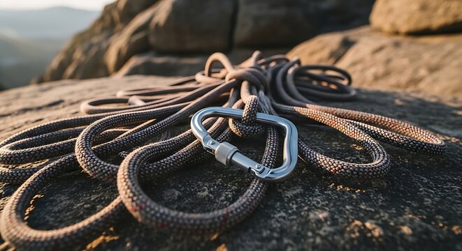 Climbing rope and carabiner on a rocky mountain surface at sunset