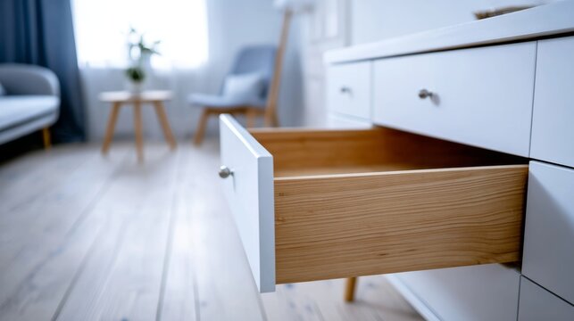 Open wooden drawer in modern white furniture revealing its empty interior, home organization concept
