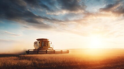 Fototapeta premium Combine harvester working grain field during golden hour sunset, agricultural machinery harvesting crop creating dust at dawn