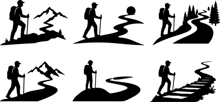 Hiking Adventure and Mountain Trail Silhouette Collection Vector Set
