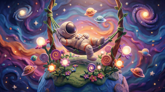 Whimsical astronaut relaxing in hammock on a colorful fantasy planet in swirling space