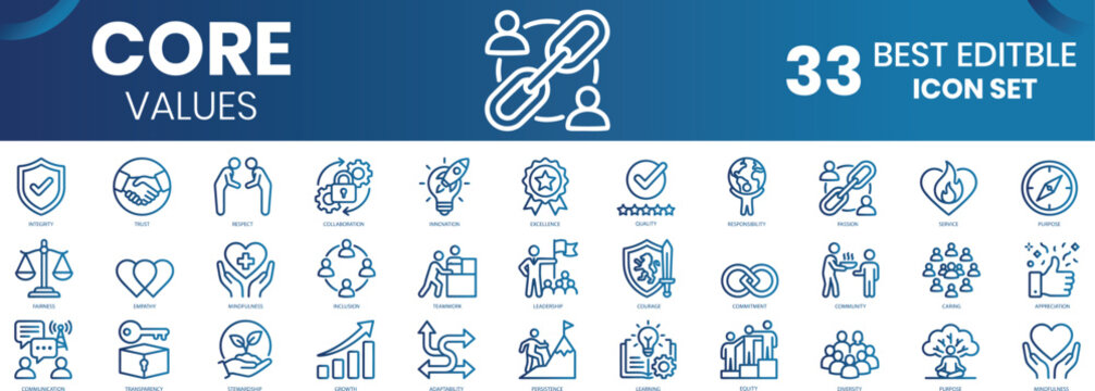 Editable icon set 33 core values symbols for business and design. Mission line icons set. Thin line icons collection related to mission. Outline icons pack. Mission, Vision, Core Focus, Core Value, Re