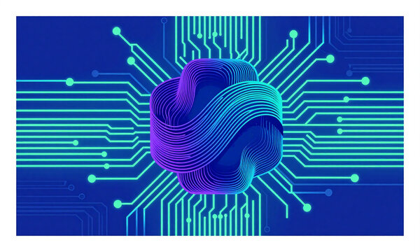 complex background glowing blue green circuit board patterns subtle gradient shadows large central node made swirling