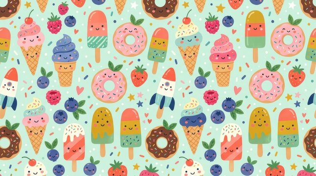 Cute cartoon ice cream, donuts, popsicles, and berries create a cheerful pastel pattern