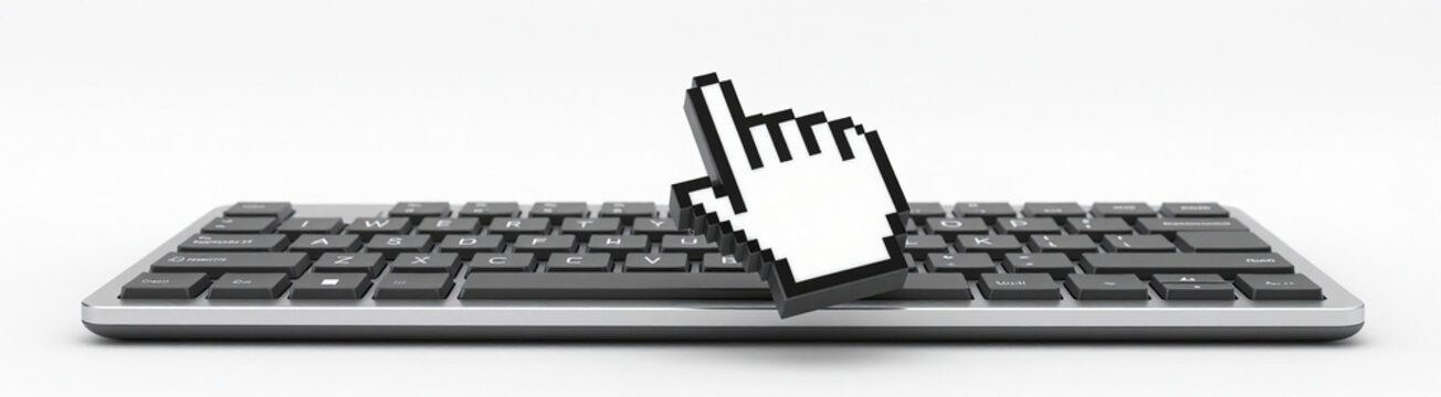 detailed digital rendering stylized pixelated click cursor hovering sleek modern keyboard soft diffused studio lighting