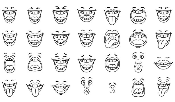 Funny Comic Mouth Doodle Collection with Hand Drawn Smile Tongue and Emotion Outline Icons Vector Set