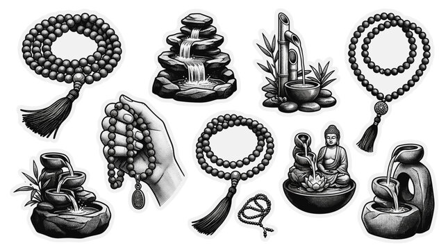 Collection of spiritual and religious symbols including buddha statues and prayer beads