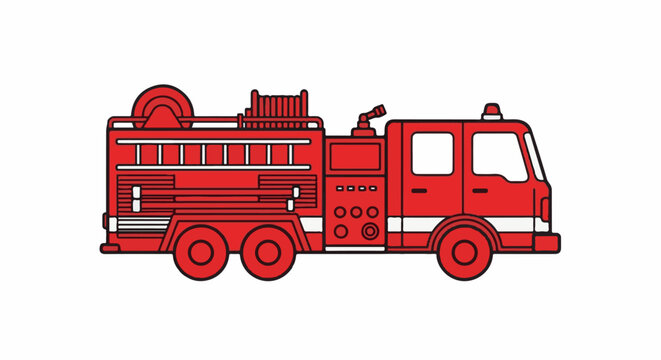 A stylized, red fire engine with white accents and black outlines, depicted from the side