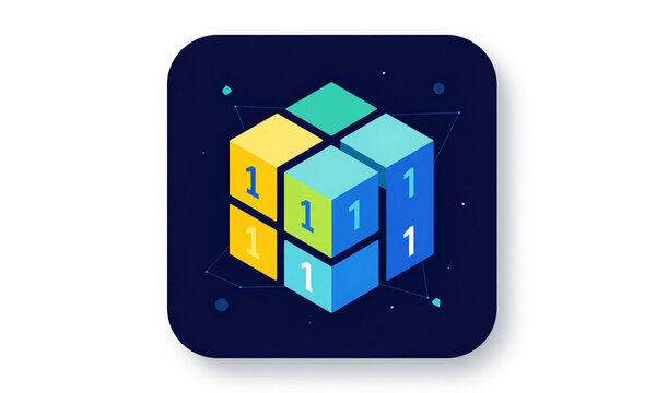 futuristic blockchain logo made interlocking binary code cubes deep space background surrounded subtle blue glow lines simulating