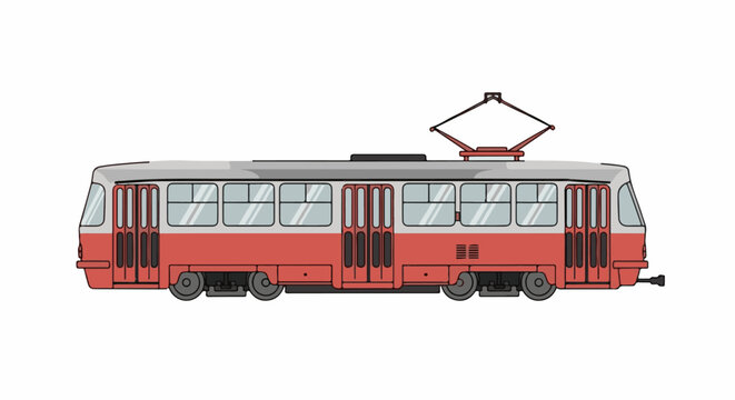 Red and gray public transit tram with multiple doors and windows, pantograph raised