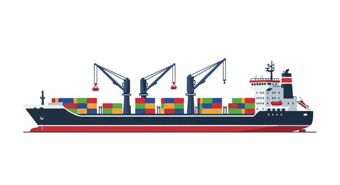 A large cargo ship is depicted, loaded with colorful shipping containers, with cranes onboard for loading