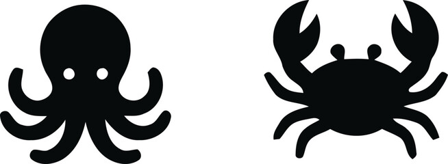 Black silhouette icons of octopus and crab isolated on white background with creature silhouette underwater © Nayem