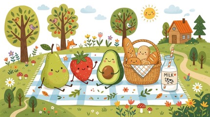 Fototapeta premium Happy pear strawberry and avocado enjoy a sunny outdoor picnic with fresh bread and milk