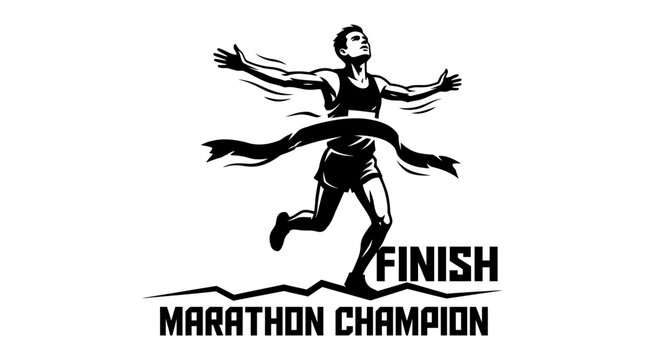 Dynamic black and white illustration of a marathon runner crossing the finish line ribbon.