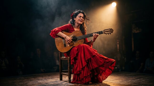 Flamenco singer passionately performs with a classical guitar on stage under a dramatic spotlight.