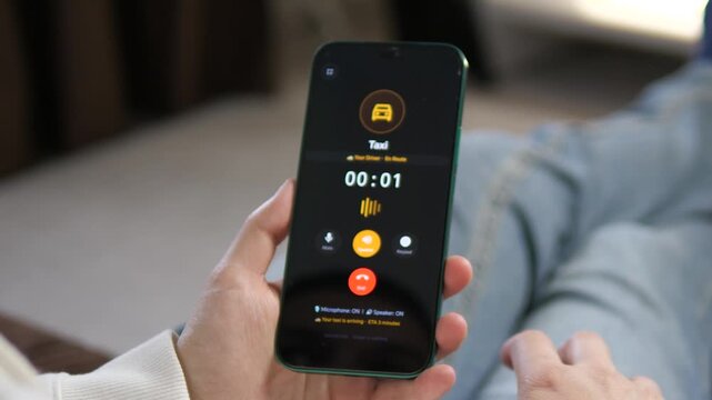 Receiving an incoming call from a Taxi driver on a smartphone. The screen displays a yellow car icon with answer and decline buttons. Perfect for ride-sharing apps, logistics, and urban mobility