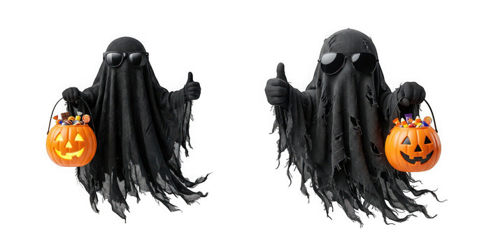 Spooky black fabric ghost halloween decorations holding pumpkin buckets isolated on transparent background