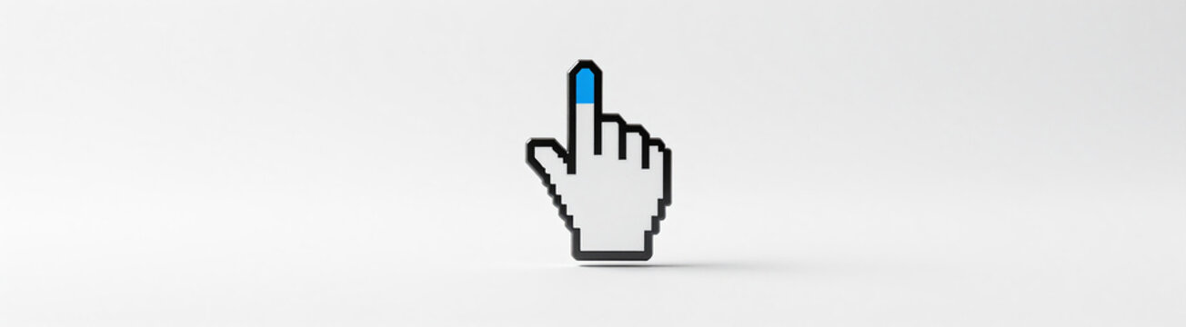metallic click pointer cursor bright blue arrowhead pointing straight center white studio backdrop soft