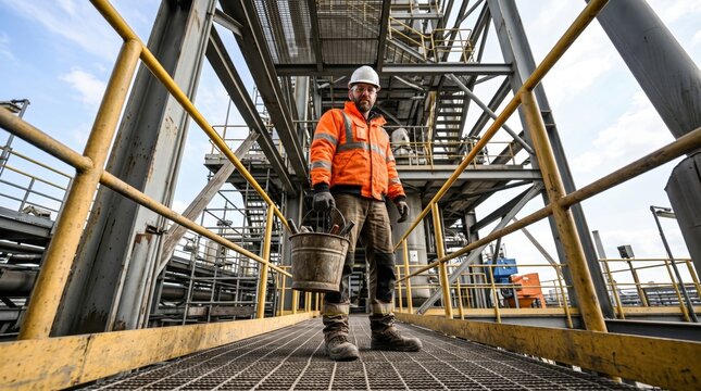 Construction worker carrying bucket on industrial platform