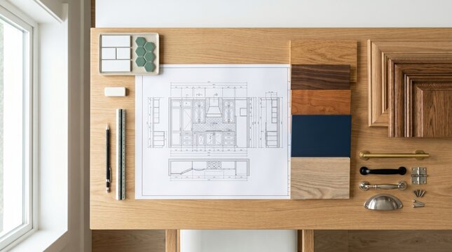 Architectural blueprint with interior material samples