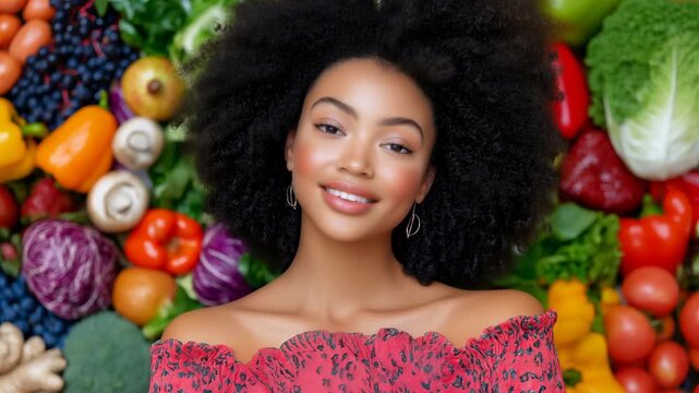 Gorgeous young black woman with lovely afro hair smiling cheerfully surrounded by a border of fresh organic vegetables