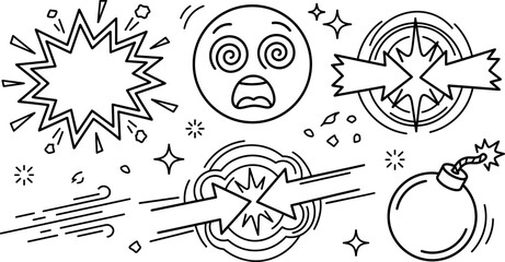 Comic Book Explosion Bomb and Collision Arrow Vector Icon Set with Emoji © PJ DeSign