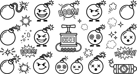 Comic Style Bomb Character and Dynamite Detonator Vector Icon Set with Expressions © PJ DeSign