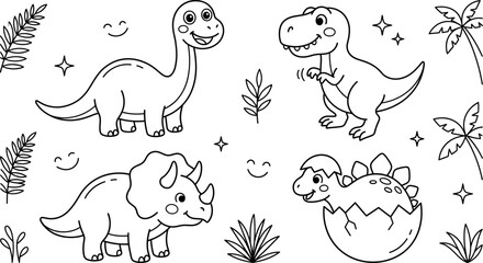 Cute Cartoon Dinosaur Coloring Page Vector Icon Set with Baby Hatching Egg © PJ DeSign