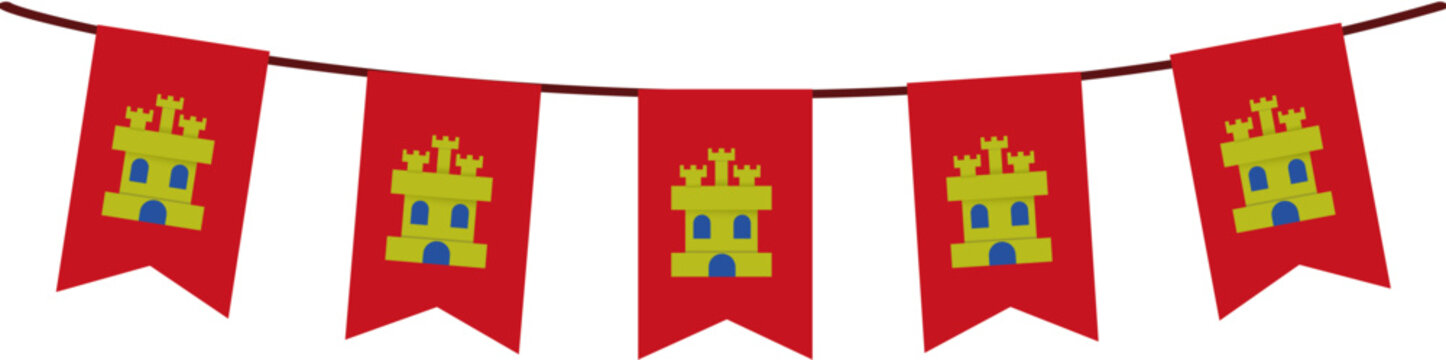 Red festive bunting flags with yellow castle symbols representing castile and leons national banner. Perfect for spanishthemed designs and cultural celebrations.
