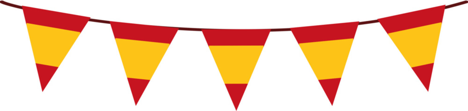 Red and yellow triangular spanish flag buntings, perfect for festive holidays, parties, and showcasing national pride during celebrations. Suitable for decorations.