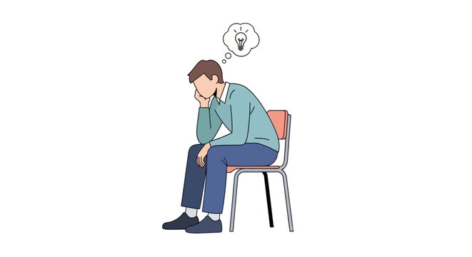 Thinking man sitting on a chair with a light bulb idea bubble illustration.