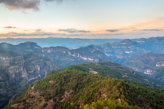 Sunset in a canyon or valley, mountains and forest in Mexiquillo, Sierra Madre Occidental, Durango
