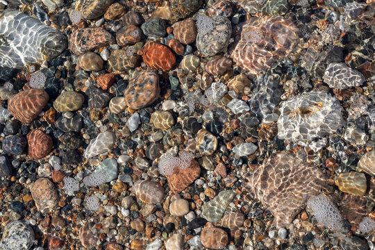 Top view of pebbles under clear water with sunlight reflections