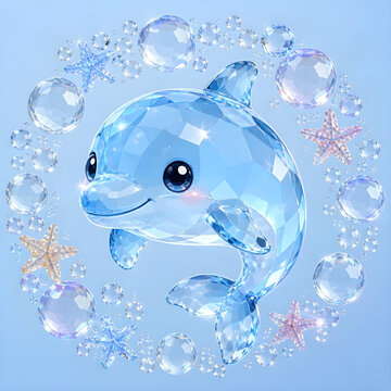 Crystal Style Cute Dolphin with Starfish and Bubbles