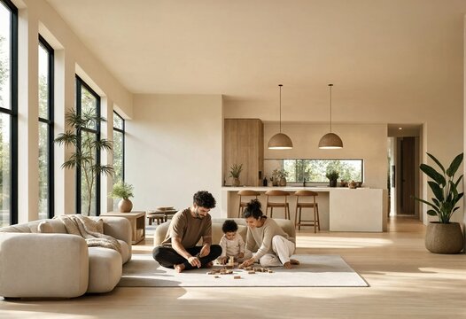 Young diverse family with toddler playing wooden building blocks on living room rug, enjoying togetherness and happy moments in modern minimalist home interior