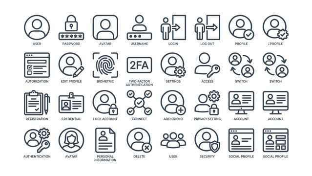 User account management and security icons set for interface design  various login authentication symbols