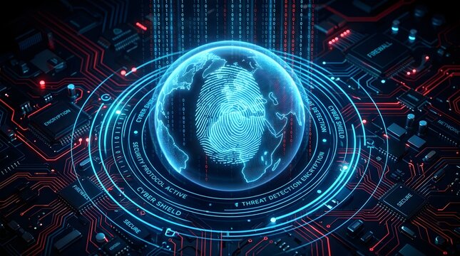 Cybersecurity globe with digital circuitry and data stream protection